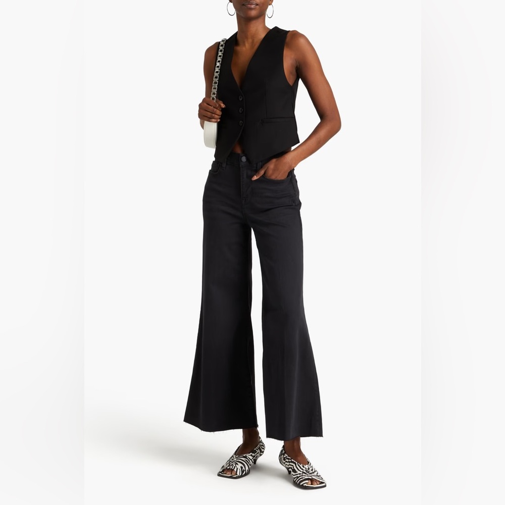 Frame Denim Black High-Rise Wide Leg Jeans Le Palazzo Crop Raw Hem Jeans